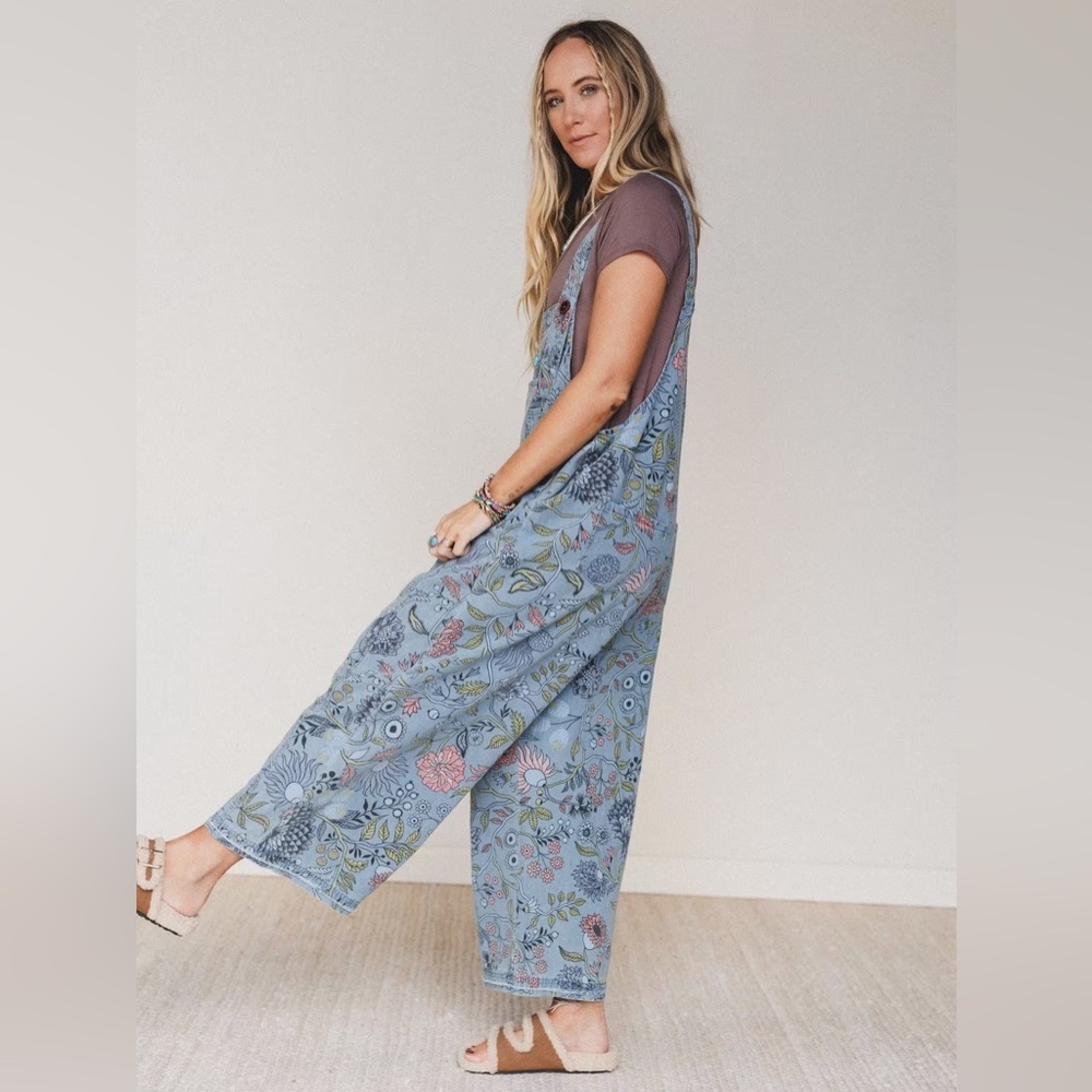 Three Bird Nest high hopes Floral Blue Denim Overalls medium - Picture 2 of 8